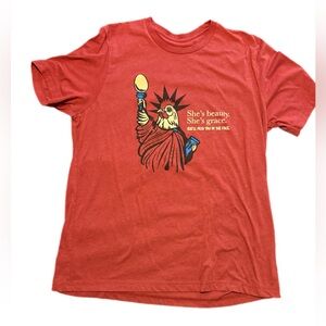 Red Graphic T-Shirt with Statue of Liberty Chicken Design